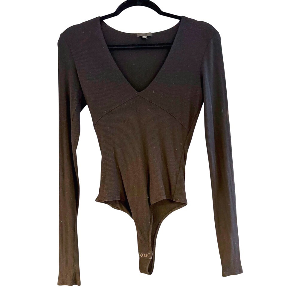 ATM Anthony Thomas‎ Melillo Women's Ribbed V-Neck Bodysuit, Medium, Black